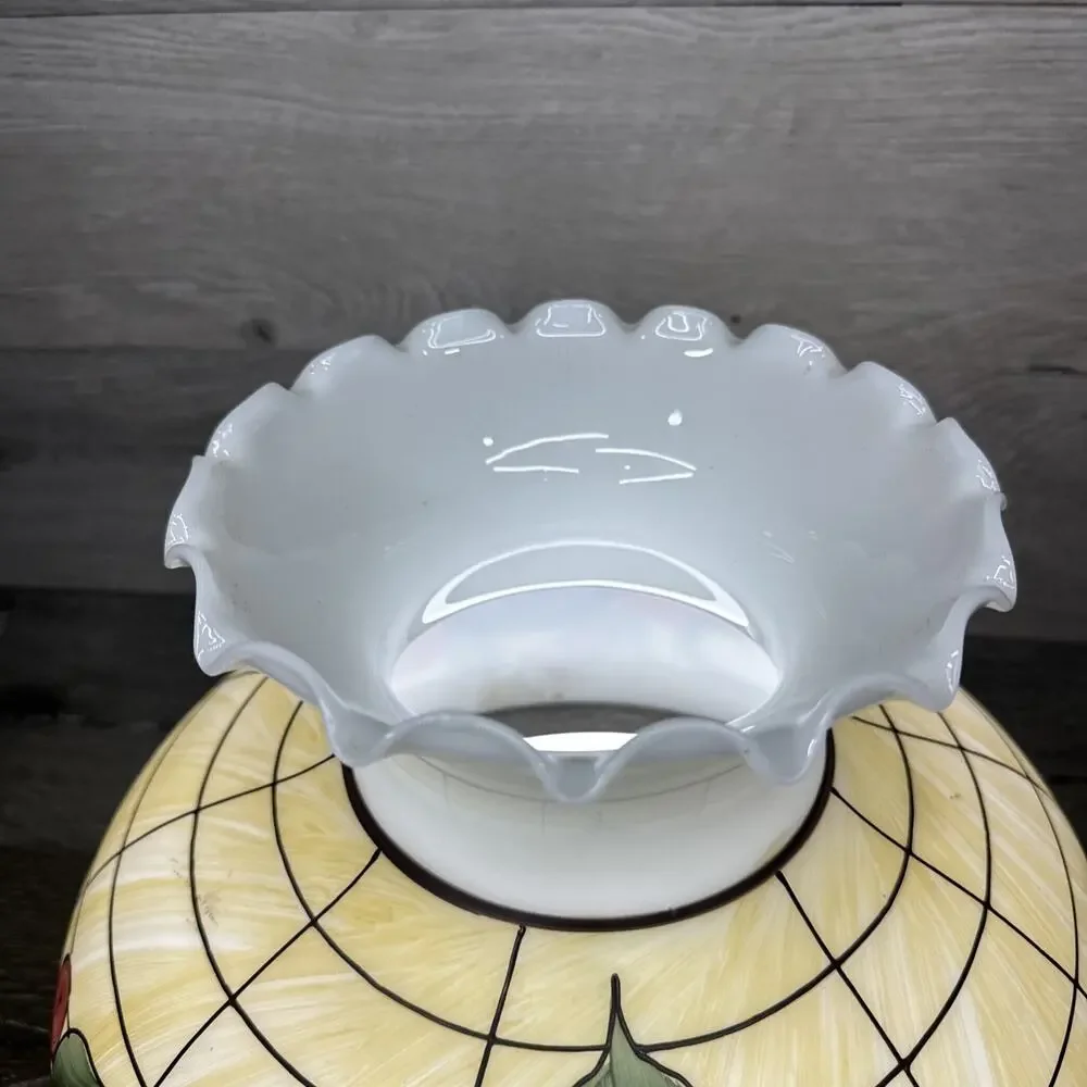 VTG Milky Glass Hand painted Hurricane Lamp Shade 14-3/4” Diameter 9-7/8”Tall